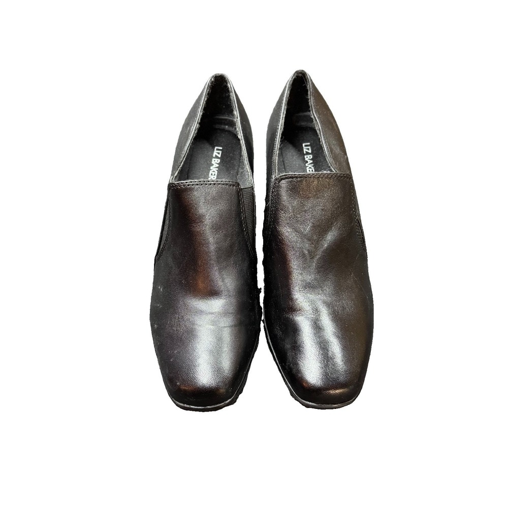 Women's Liz Baker Black Leather Block Heel Slip On Dress Shoe, Size 6.5